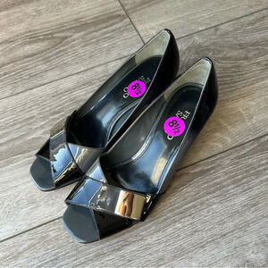 Franco Sarto I- ABIDE Grey Black Patent Leather Open Toe Wedge Pumps